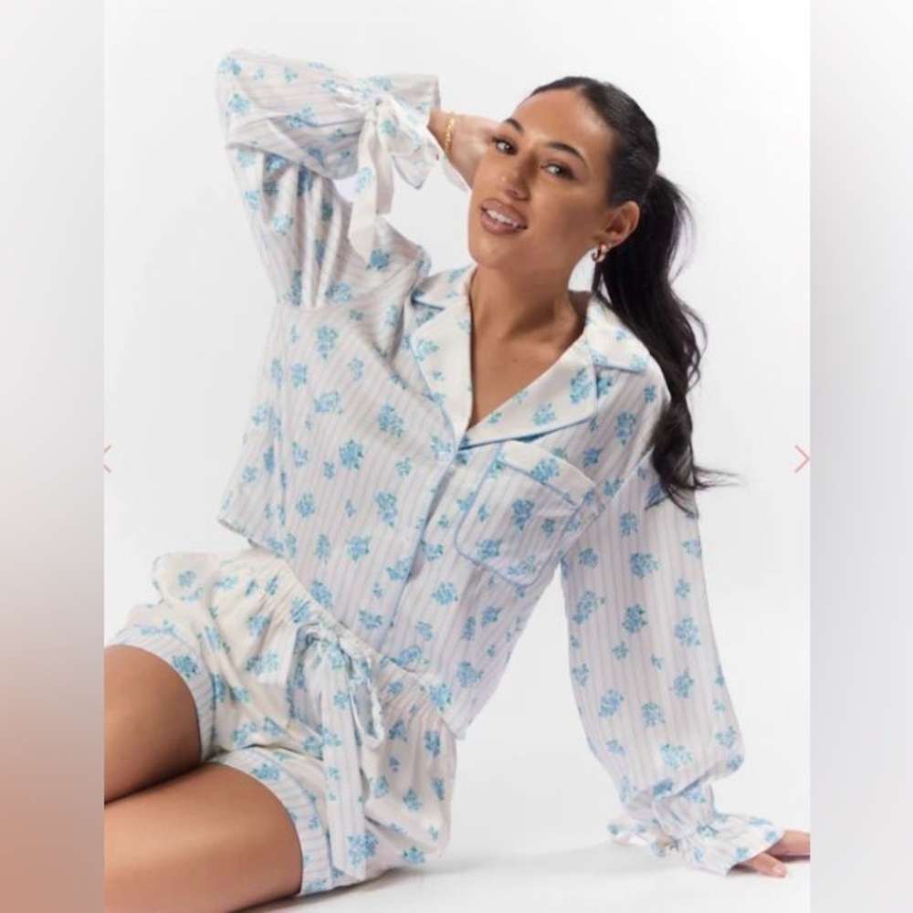 Blue and White Floral Satin Pajama Set